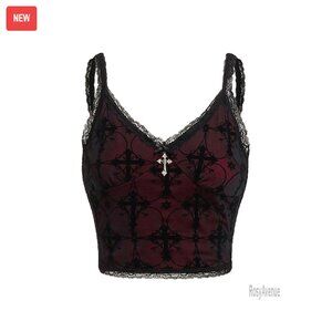 Gothic Lace Crop Top Polyester Stretch Casual Witchy Grunge Tank